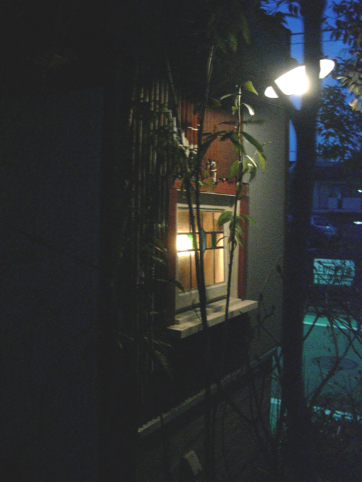 小屋壁に明かりを取り付けて路地庭を照らします