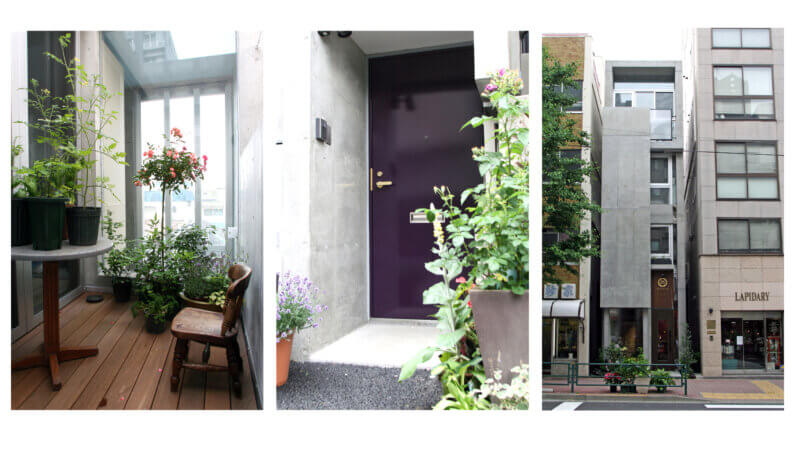 目白のお菓子屋さんの家　中庭・紫の玄関ドア・外観