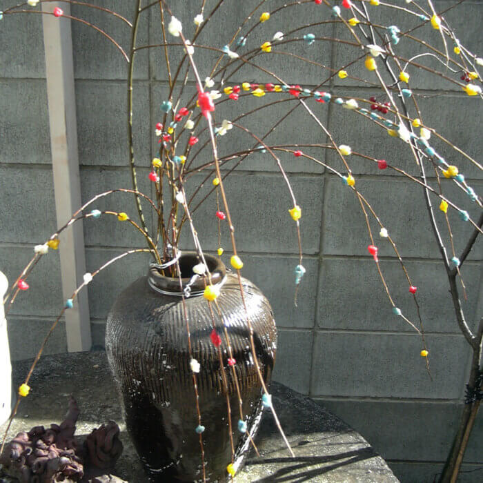 庭に飾られた、子どもと作った2005年のお正月飾りの餅花