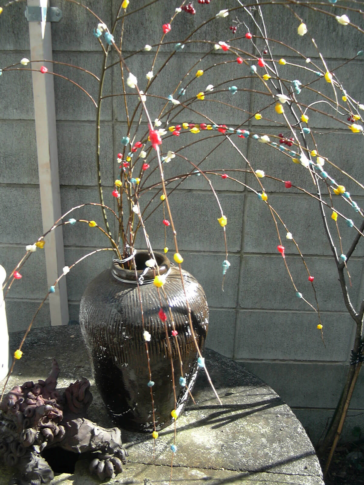 庭に飾られた、子どもと作った2005年のお正月飾りの餅花