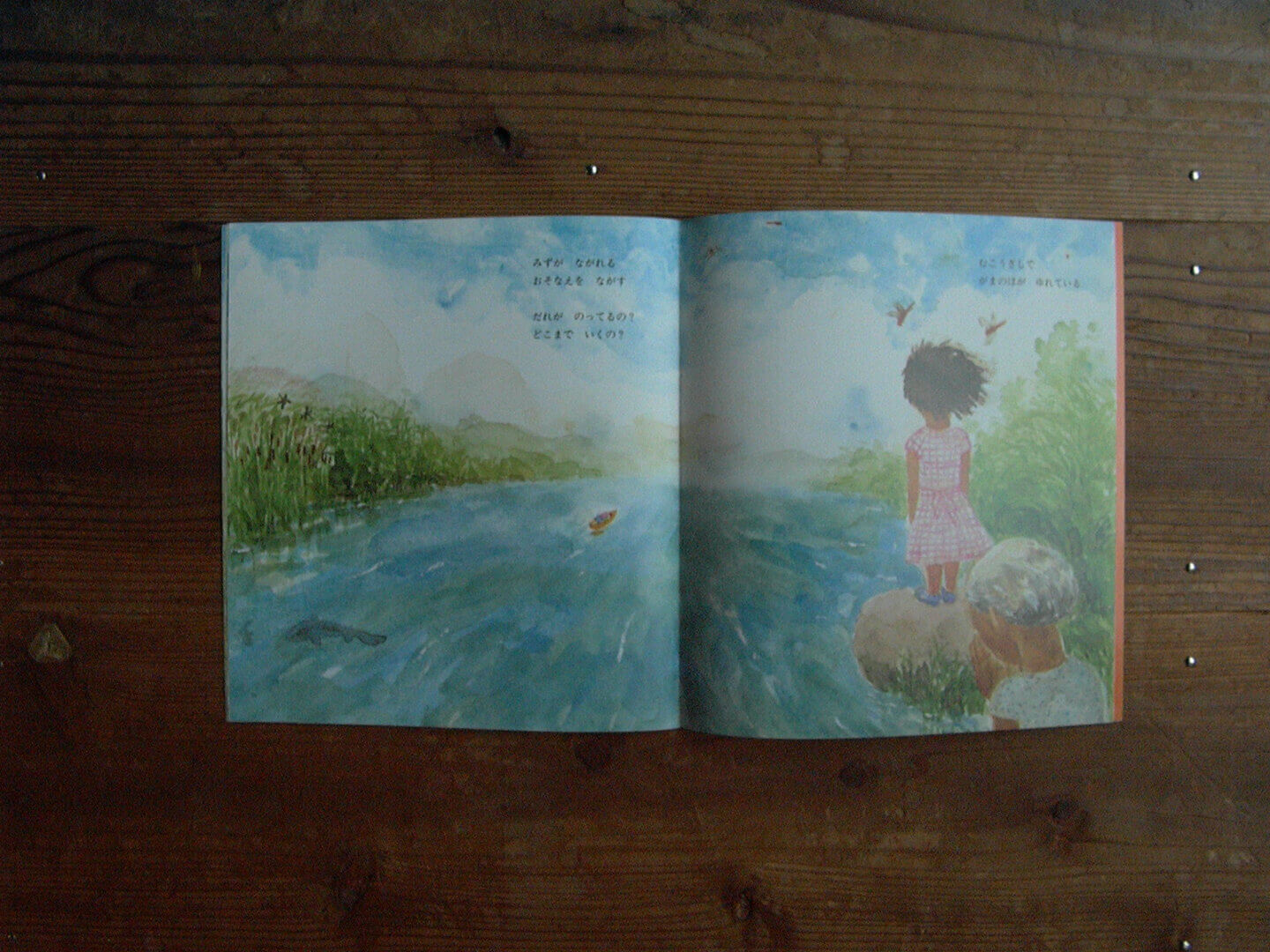 大人も入り込む絵本、月刊かがくのとも 2003年9月号「なっちゃんのなつ」の、川が描かれたページ
