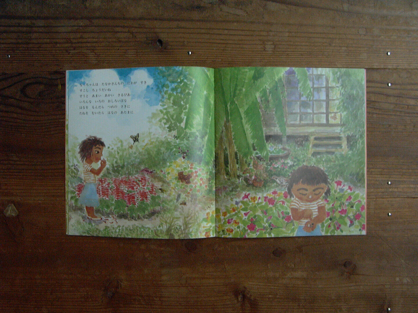 月刊かがくのとも 2003年9月号「なっちゃんのなつ」の、田舎の家の庭にいる様子が描かれたページ