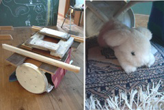 丸椅子と板で組み立てて作られた、子どもの遊びのお城のようなものと、その中に置かれたベージュのウサギのぬいぐるみ