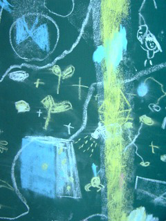 黒板に黄色、白、青のチョークで書かれた落書き