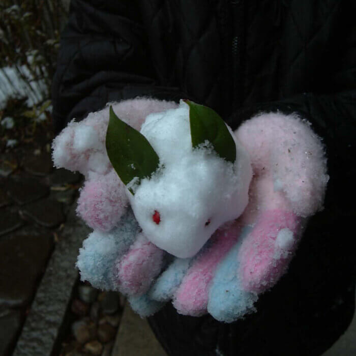 子どもの手の上に乗っている、耳が葉でできた雪のウサギ