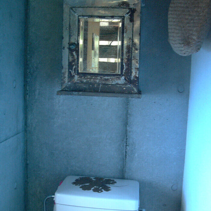 薄暗いトイレの壁に掛けられた、扉にかすれた鏡がついた古い棚