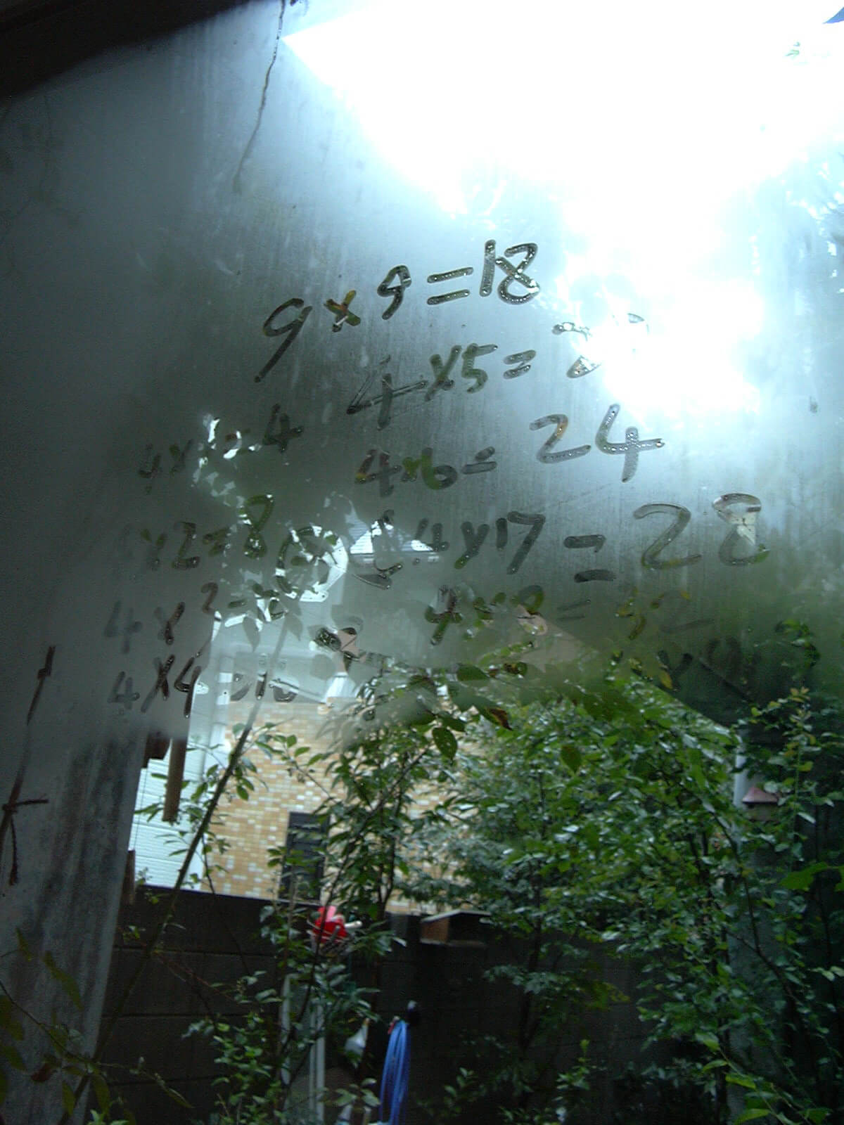曇りガラスに指で書いた九九の計算式