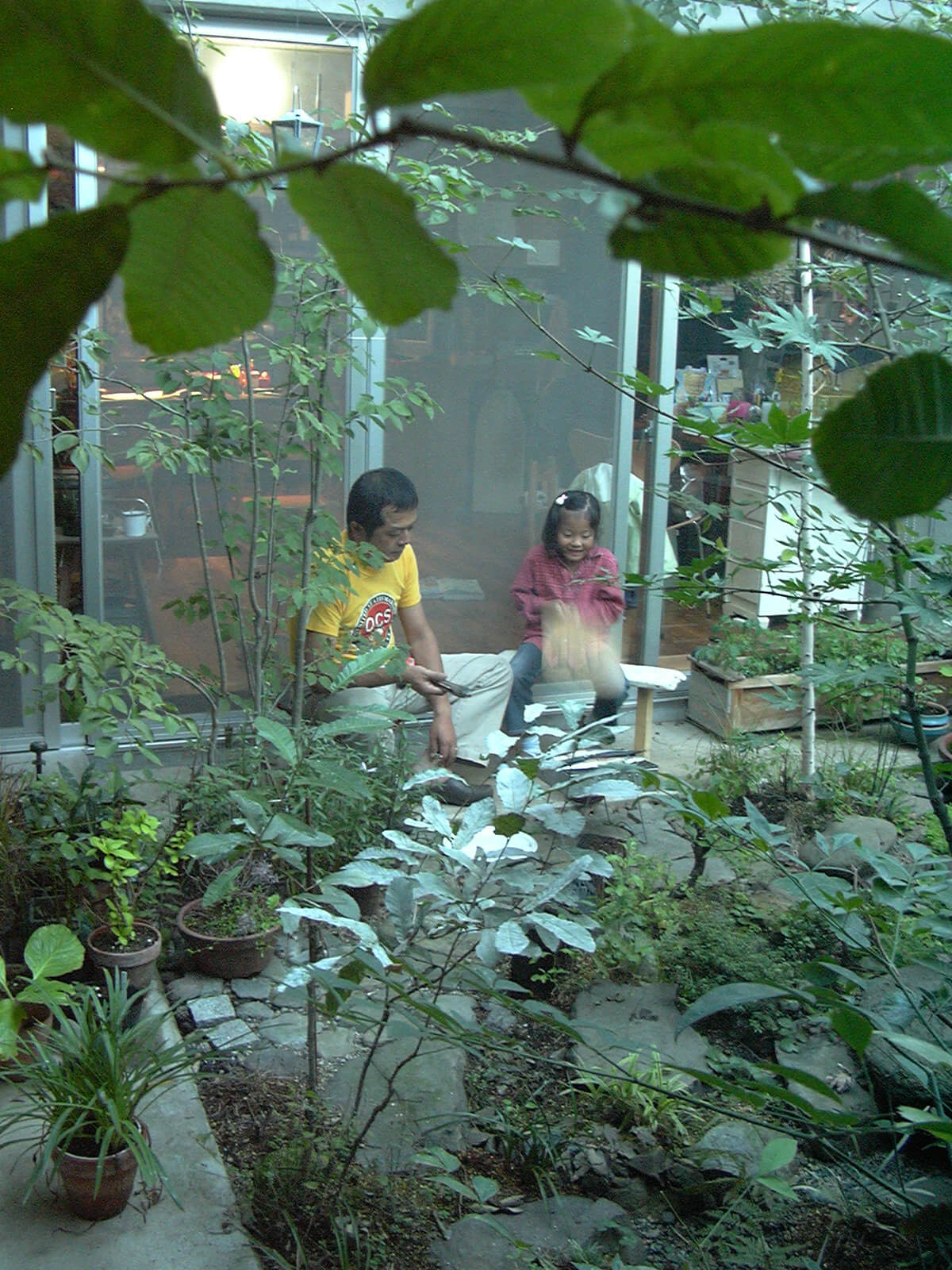 緑がたくさんある庭の縁側で座っている、父親と小学生の娘
